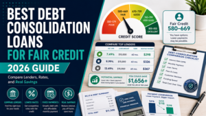 est debt consolidation loans for fair credit 2026 — lender comparison showing Achieve, Upgrade, Avant, LendingPoint and Upstart with APR ranges and minimum credit scores