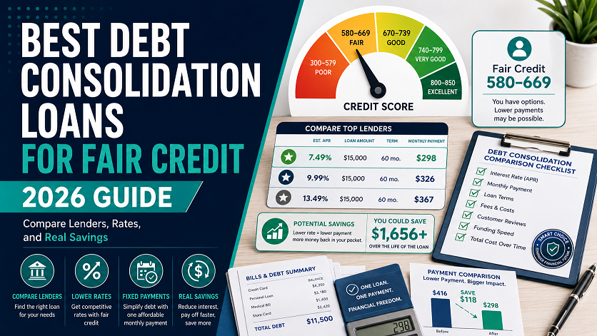 est debt consolidation loans for fair credit 2026 — lender comparison showing Achieve, Upgrade, Avant, LendingPoint and Upstart with APR ranges and minimum credit scores