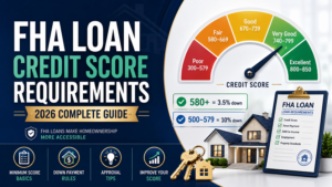 FHA loan credit score requirements 2026 — minimum score chart showing 500 and 580 thresholds with down payment requirements
