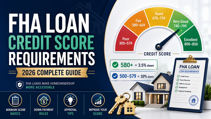 FHA loan credit score requirements 2026 — minimum score chart showing 500 and 580 thresholds with down payment requirements