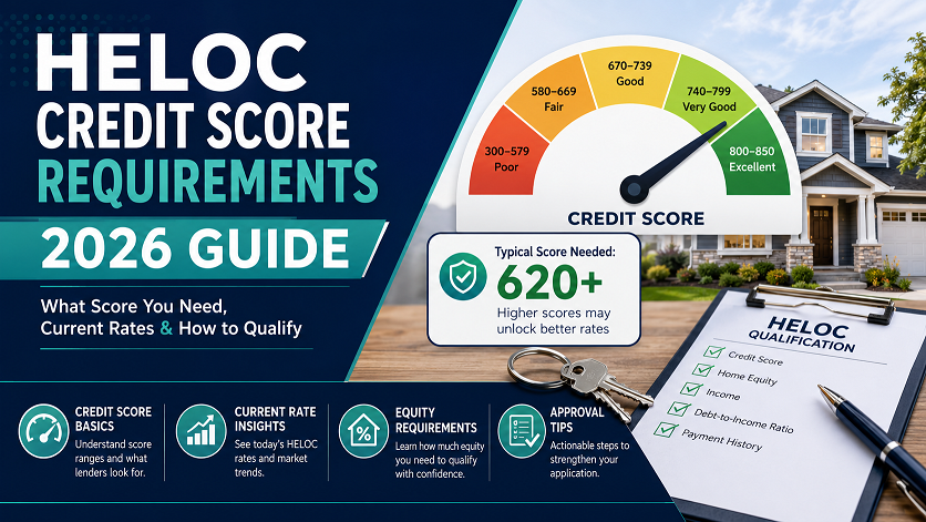 HELOC credit score requirements 2026 — chart showing minimum 620 score, best rates at 740 plus, with current national average rate of 7.21 percent