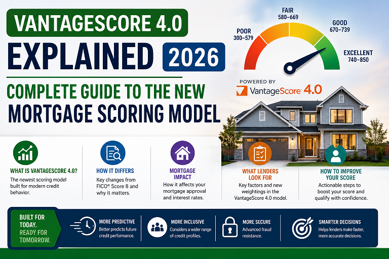 VantageScore 4.0 explained 2026 — comparison chart showing how the new mortgage scoring model differs from Classic FICO with trended data, rent reporting, and paid collections treatment