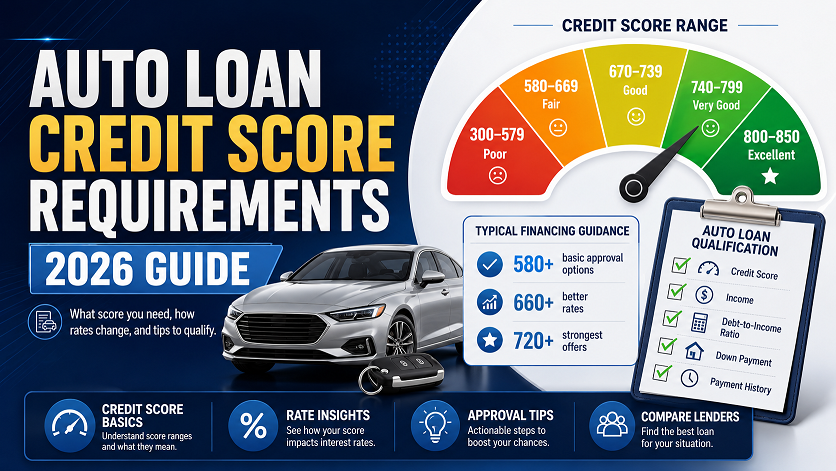 uto loan credit score requirements 2026 — chart showing rate tiers from super prime 781 plus at 5.5 percent to deep subprime below 500 at 21 percent plus