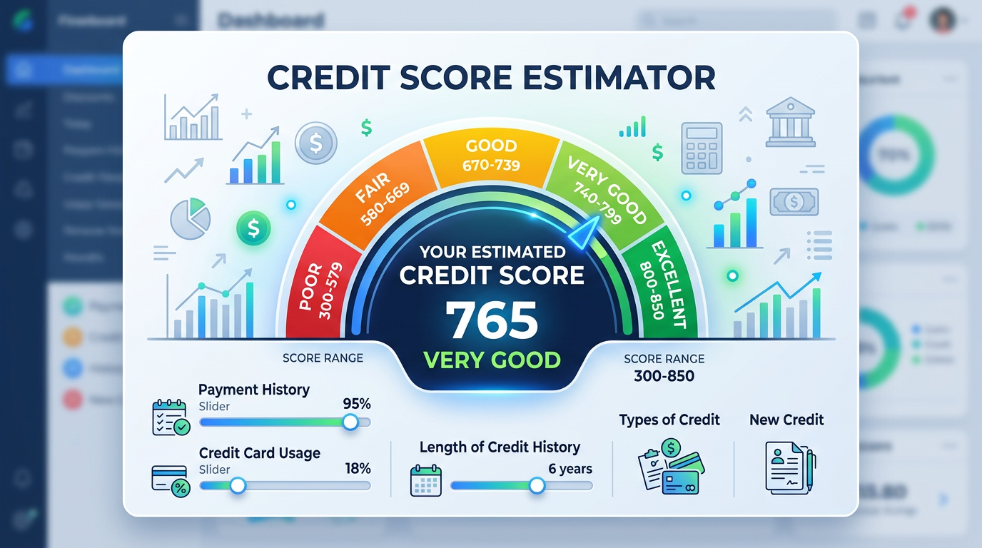 Credit score estimator showing score 765 in very good range with sliders for payment history, credit card usage, and length of credit history