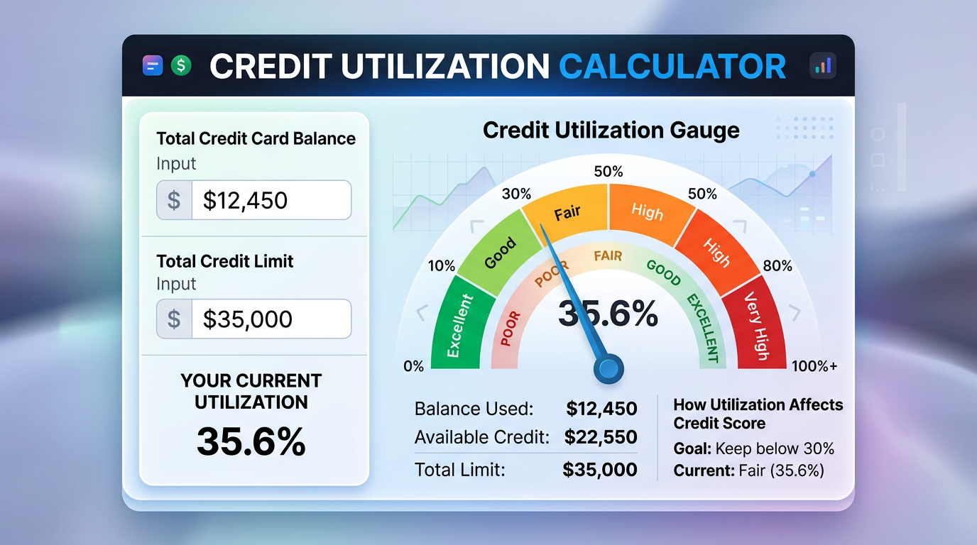Credit utilization calculator with balance $12,450, limit $35,000, utilization 35.6% on gauge