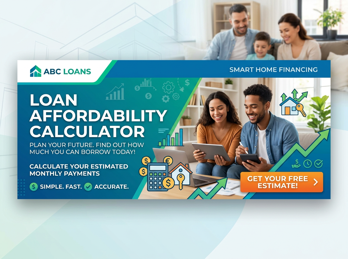 Couple using devices to calculate loan affordability with finance icons