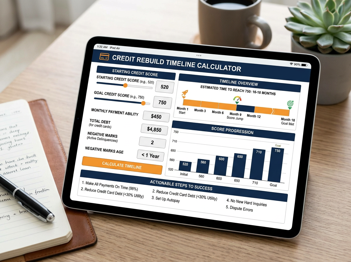 Credit rebuild timeline calculator showing starting score 520, goal 750, monthly payment ability, debt, negative marks, timeline overview, score progression chart, and actionable success steps.