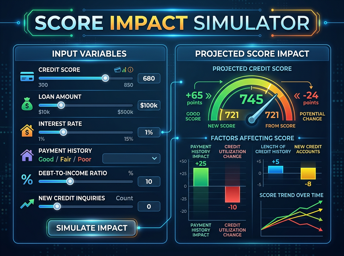 Dashboard showing credit score input variables and projected score impact with graphical indicators