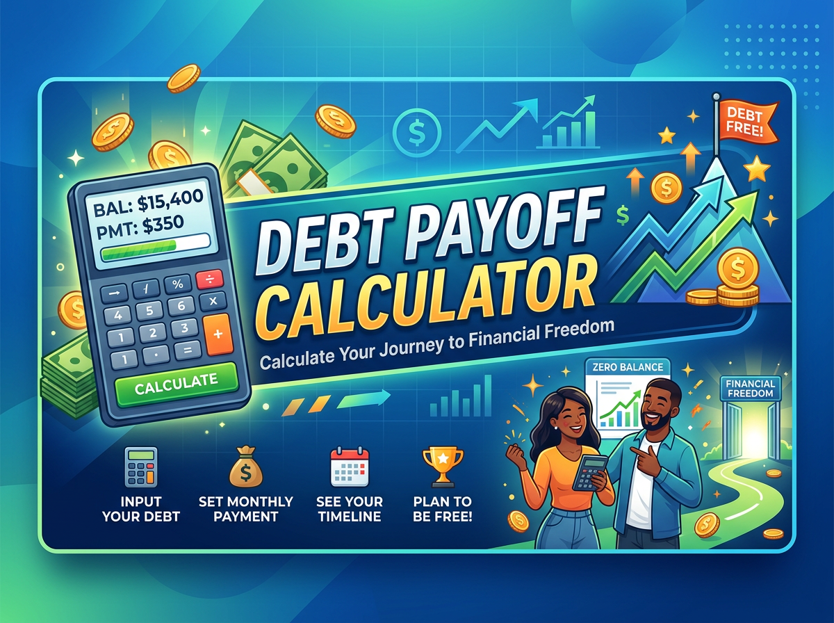Debt payoff calculator interface with balance, payment input, and financial freedom goal