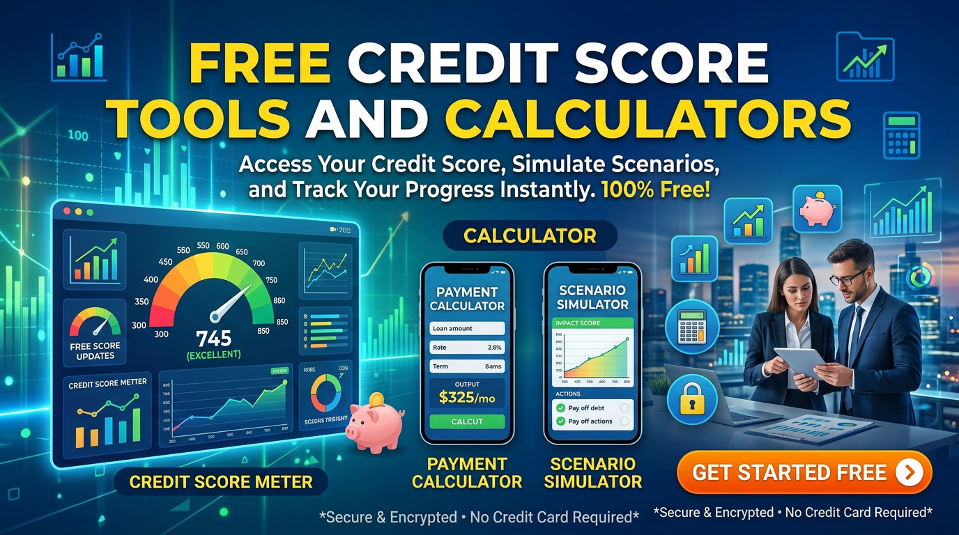 Credit score meter and calculator tools for payments and scenario simulations