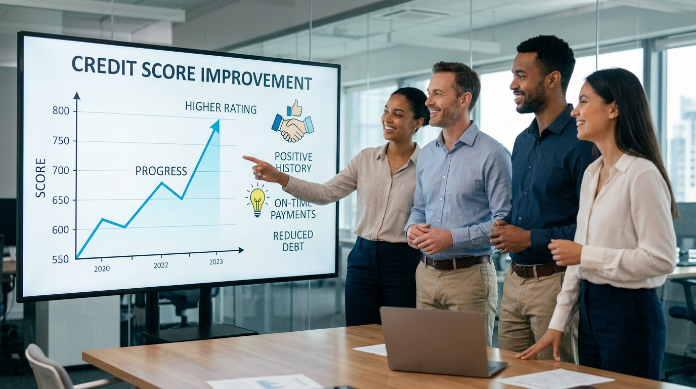Four professionals analyzing a credit score improvement graph with key factors